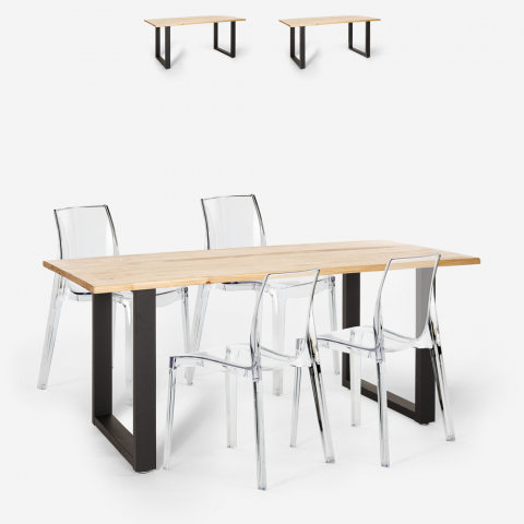 Mesa de jantar industrial definida 160x80cm 4 cadeiras de design transparente Hilton
