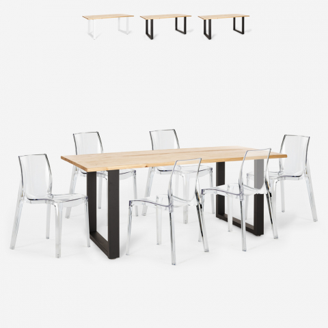 Conjunto de 6 cadeiras de design transparente mesa de jantar industrial 180x80cm Vice