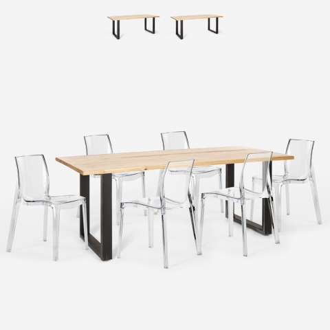 Conjunto de 6 cadeiras de design transparente mesa de jantar industrial 200x80cm Lewis