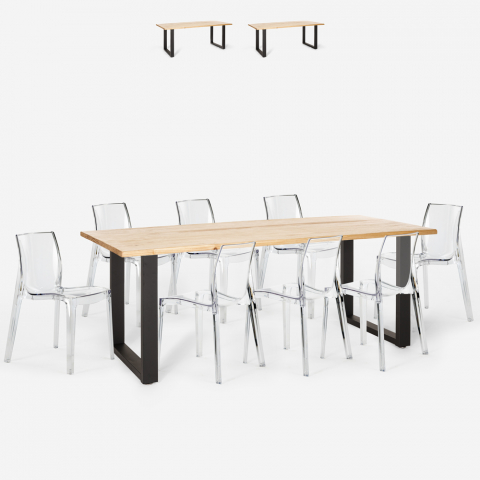 Conjunto de 8 cadeiras de design transparente mesa industrial 220x80cm Virgil