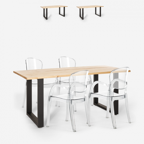 Conjunto mesa de jantar 160x80cm madeira metal 4 cadeiras transparentes Jaipur M