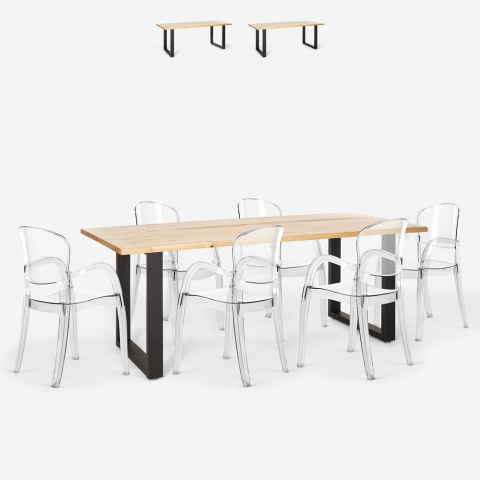 Conjunto mesa 200x80cm pernas de ferro 6 cadeiras transparentes design Jaipur XL