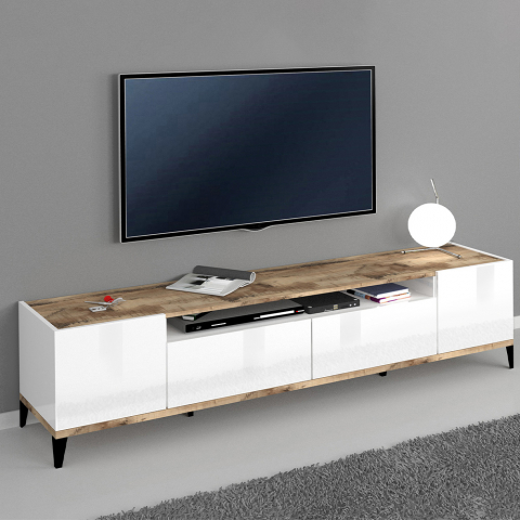 Armário para TV moderno com gaveta em madeira branca brilhante de 200x40 cm Young Wood