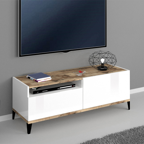 Armário de TV moderno com compartimento de gaveta em madeira branca brilhante de 120x40 cm Gerald Wood