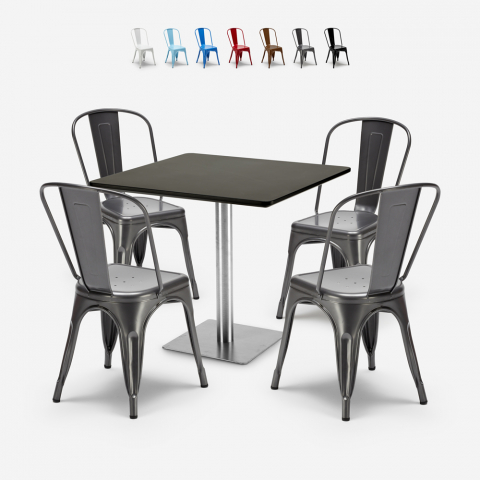 Conjunto bar restaurante 4 cadeiras Tolix mesa preta Horeca 90x90cm Just