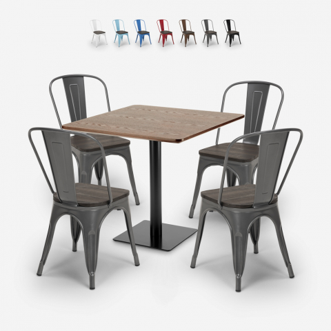 Conjunto de mesa madeira metal Horeca bar 90x90cm 4 cadeiras Tolix Edgar