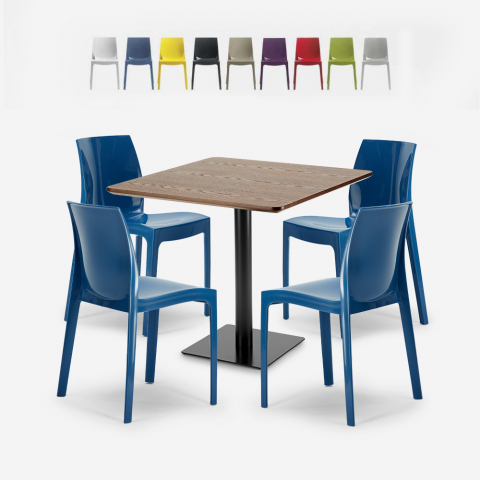 Conjunto mesa madeira metal Horeca 90x90cm 4 cadeiras empilháveis bar restaurante Yanez