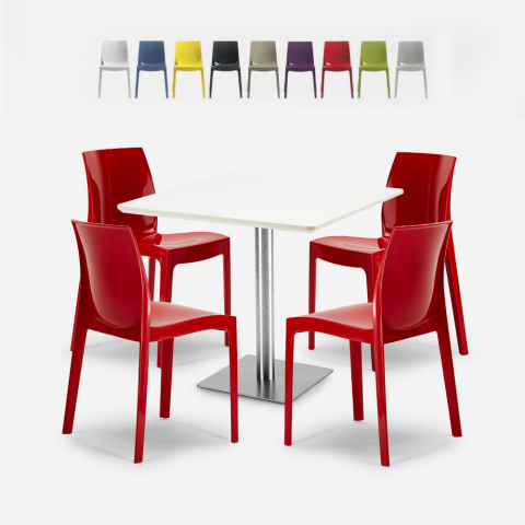Conjunto 4 cadeiras e mesa empilháveis p/Bar Restaurante Branca 90x90cm Yanez White Promoção