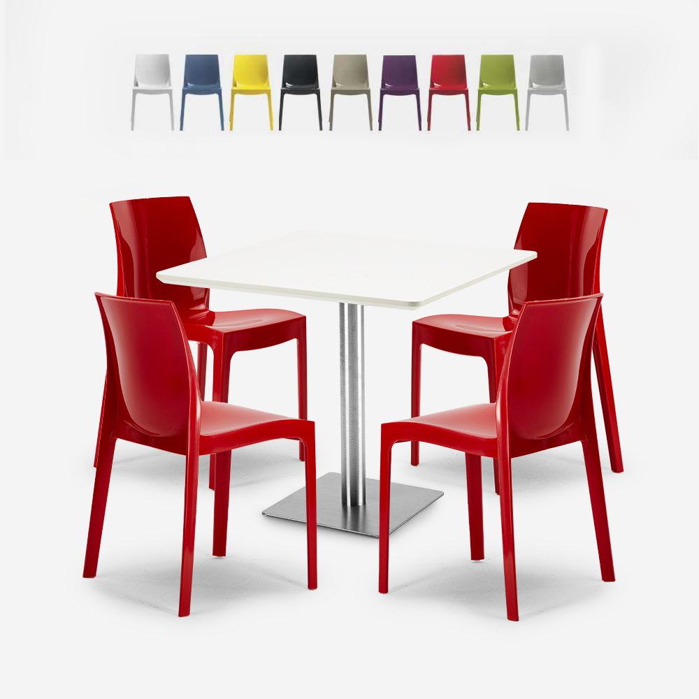 Conjunto 4 cadeiras e mesa empilháveis p/Bar Restaurante Branca 90x90cm Yanez White