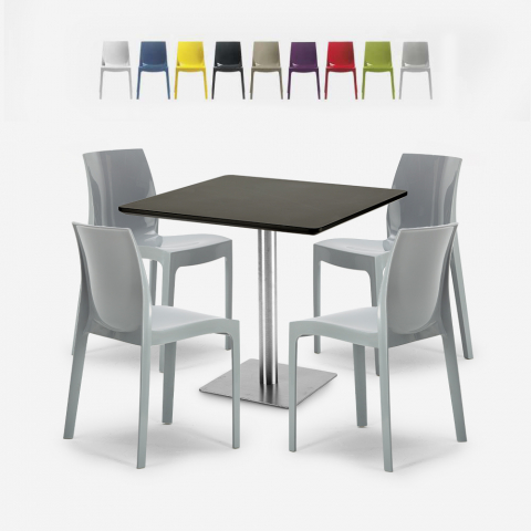 Conjunto 4 cadeiras polipropileno empilhável mesa Horeca preta 90x90cm Yanez Black