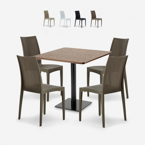 Conjunto mesa madeira 90x90cm Horeca 4 cadeiras empilháveis poly rattan Barrett