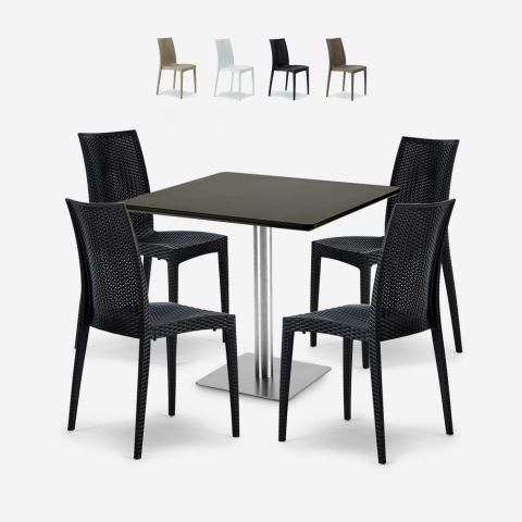 Conjunto 4 cadeiras poly rattan bar restaurante mesa preta Horeca 90x90cm Barrett Black