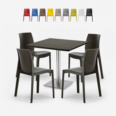 Conjunto 4 cadeiras e mesa empilháveis p/Bar, Cozinha, Preta, 90x90cm, Jasper Black Promoção