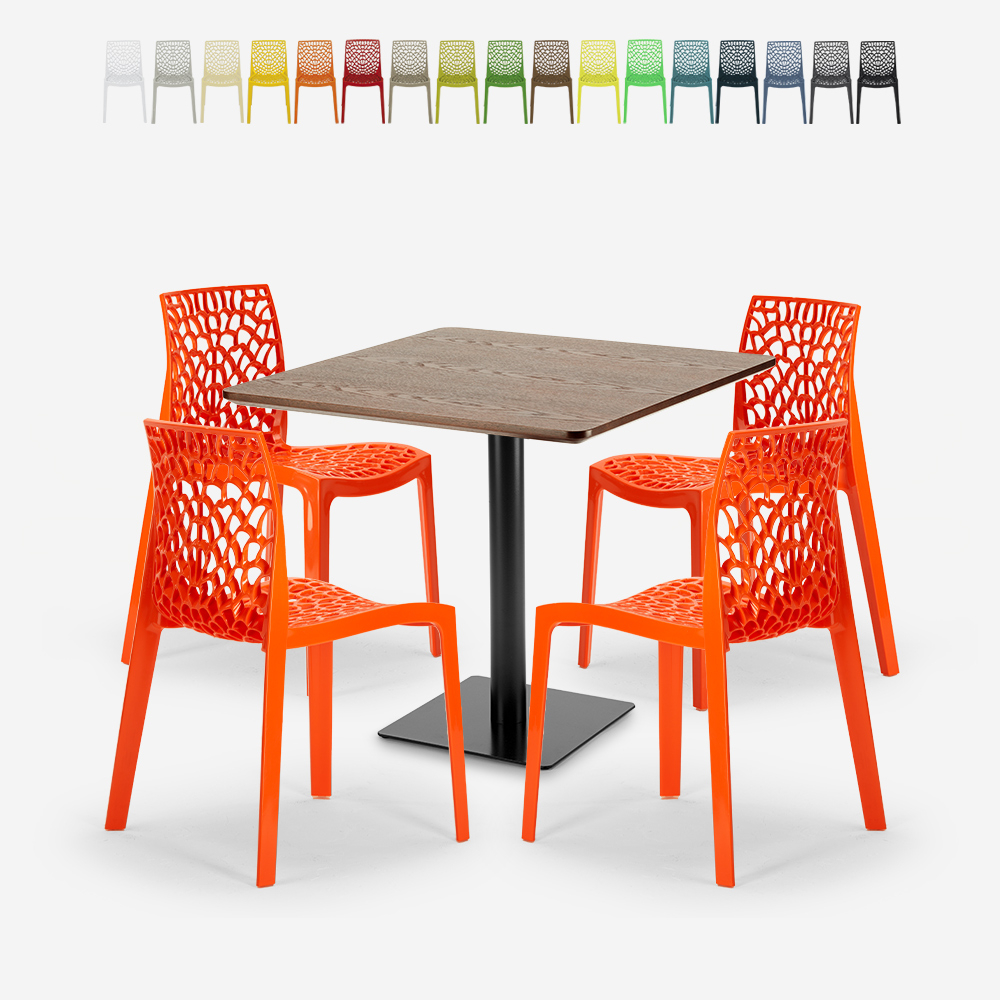 Conjunto mesa de centro madeira metal Horeca 90x90cm 4 cadeiras design empilhável Dustin