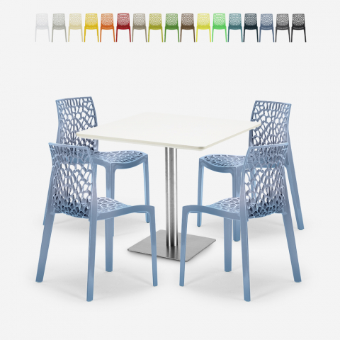 Conjunto 4 cadeiras empilhável polipropileno mesa branca 90x90cm Horeca Dustin White