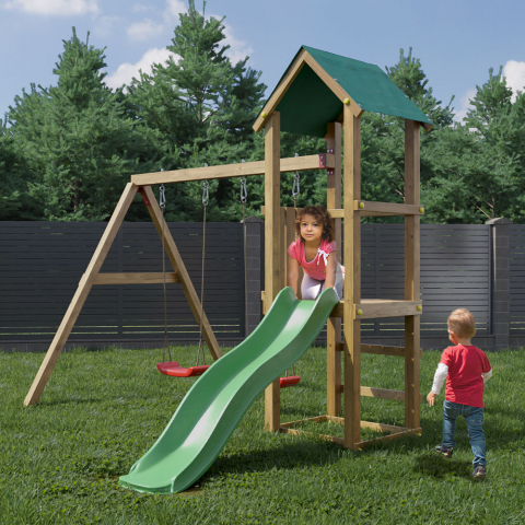Torre com escorregador baloiço duplo parque infantil de jardim em madeira Lucas