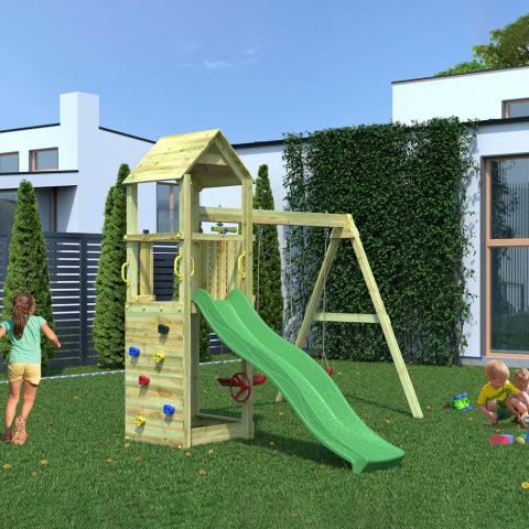 Parque infantil de jardim feito de madeira crianças torre escorrega balanço duplo Flappi