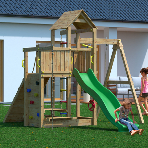 Parque infantil de jardim de madeira crianças escorregador baloiço escalada Activer