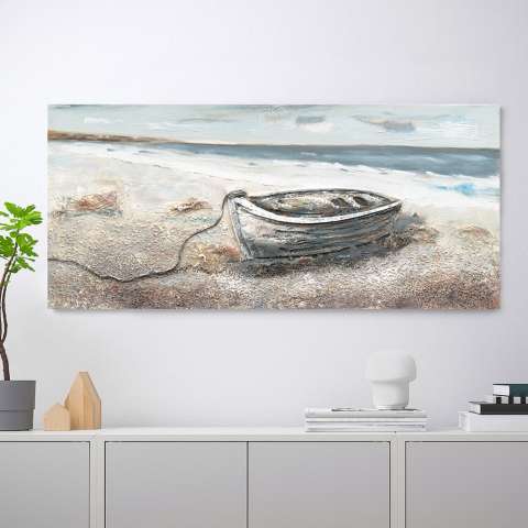 Pintura paisagem mar natureza pintado à mão sobre tela 110x50cm Boat