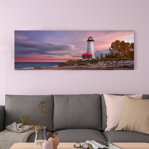 Impressão mar pôr do sol tela laminada cores vivas 120x40cm Lighthouse
