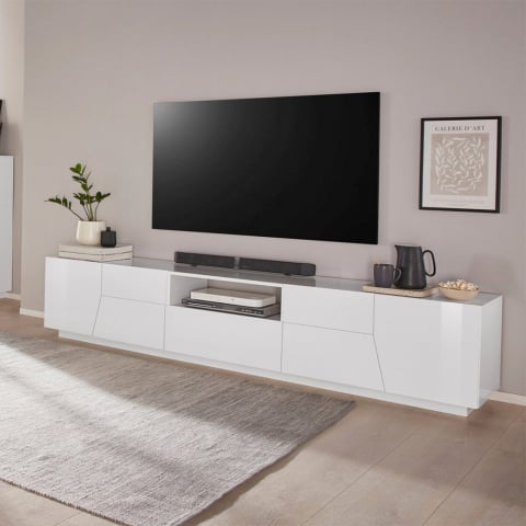 Móvel de TV parede sala de estar moderno 220x43 cm branco brilhante Fergus