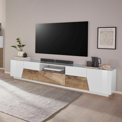Móvel de TV 220x43 cm branco madeira parede sala de estar Fergus Wood