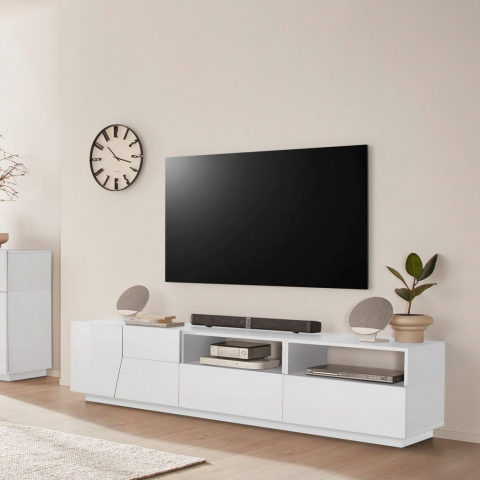 Móvel de TV branco brilhante parede moderno sala de estar 200x43cm Hatt