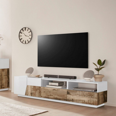 Móvel de tv 200x43cm sala parede branco madeira moderno Hatt Wood Promoção