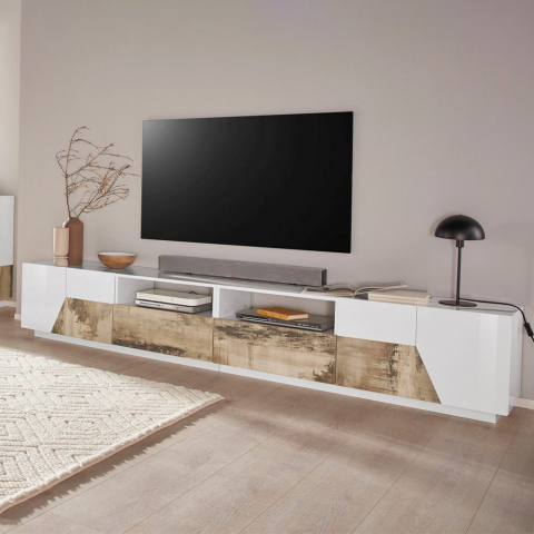 Móvel de TV 260x43cm moderno sala de estar parede madeira branco More Wood