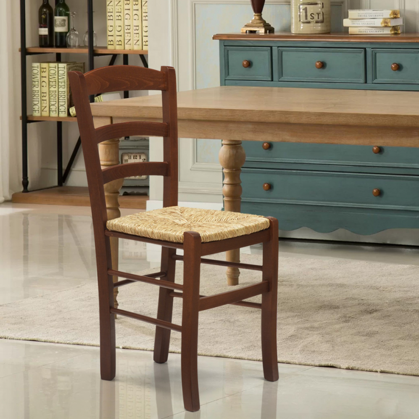 Cadeira de madeira com assento de palha para cozinha, bar e restaurante rústico campestre