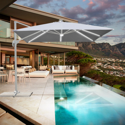 Guarda-chuva de jardim com haste ajustável descentralizada e luz solar Led de 3x3m Paradise White