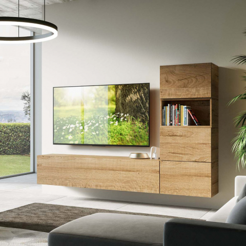 Sistema de parede de TV para sala de estar com 3 unidades de parede de madeira, design moderno A09