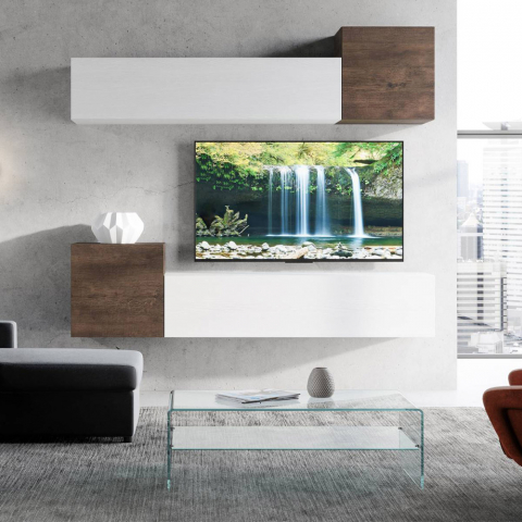 Móvel de parede de TV de madeira branca com 4 armários suspensos A37