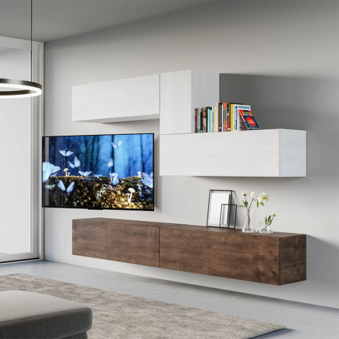 Suporte de TV de parede suspenso de madeira branca moderna sala de estar A04
