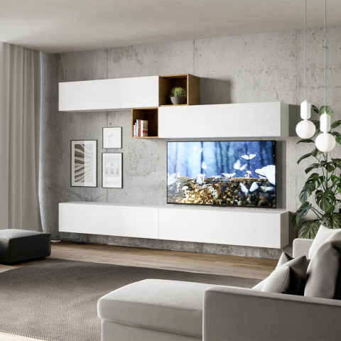 Sistema de parede da sala de estar suspensa Suporte de TV 4 unidades de parede de madeira branco A110 Promoção