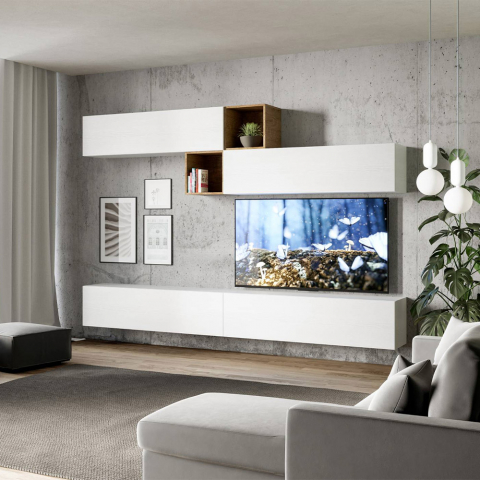 Unidade de parede da sala de estar suporte de TV suspenso 4 unidades de parede de madeira branca A110
