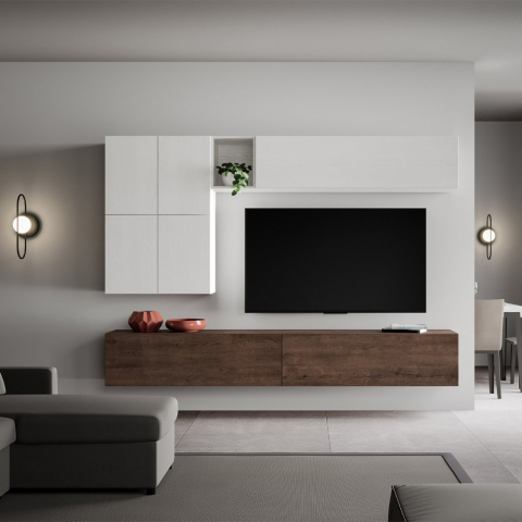 Suporte de TV moderno montado na parede da sala de estar em madeira branca A16 Promoção
