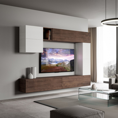 Sistema de parede de TV moderno suspenso de madeira branca A15